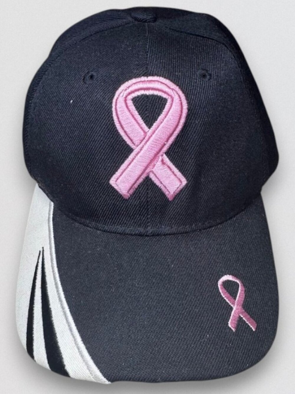 Breast Cancer Awareness Pink Ribbon Adjustable Velcro Baseball Cap Hat Black